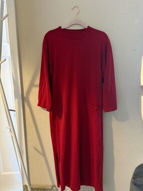 Red Long Sleeve Midi Dress - Classic Crewneck